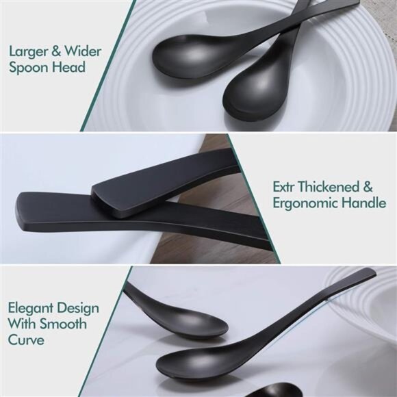 Matte Black Thick Heavy-Weight Soup Spoons, Stainless Steel Soup Spoons, - Picture 2 of 7